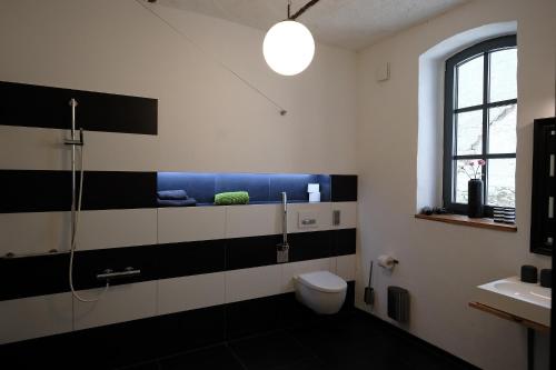 a bathroom with a toilet and a sink at Gasthof zum grünen Baum in Boitzenburg