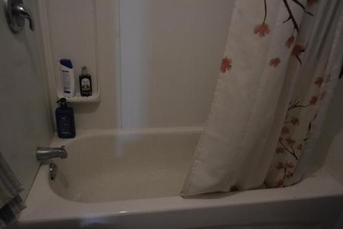 El baño incluye bañera blanca con cortina de ducha. en Private Bedroom on the main floor with shared washroom - Erin Woods en Calgary