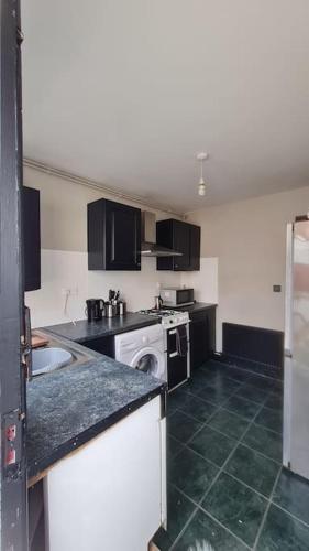 eine Küche mit schwarzen und weißen Geräten und einem Waschbecken in der Unterkunft Little house in the City in Dublin