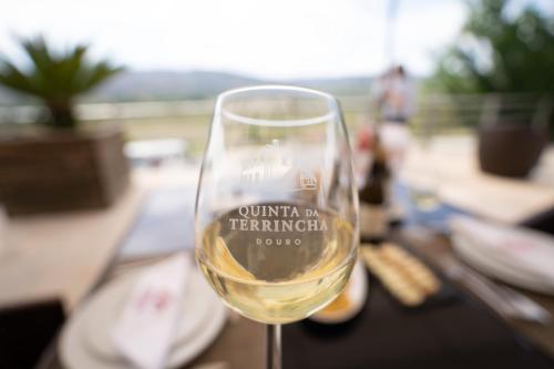 a glass of white wine sitting on a table at Quinta da Terrincha in Torre de Moncorvo