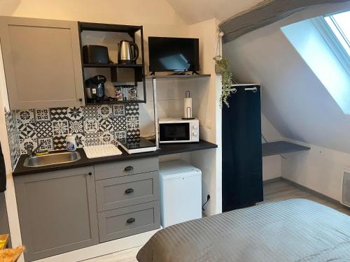 eine kleine Küche mit Spüle und Kühlschrank in der Unterkunft Appart hôtel Toucy 3 in Toucy