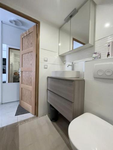 une salle de bain avec un lavabo, des toilettes et un miroir dans l'établissement Appartement 2 pièces centre-ville, à Rambouillet