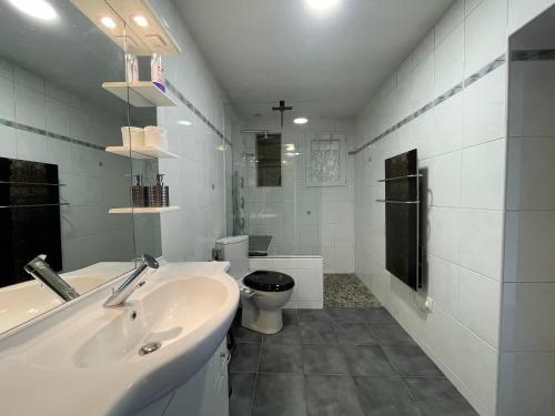 une salle de bain blanche avec un lavabo et des toilettes dans l'établissement 3 Apparts à la même adresse, à Villard-Bonnot