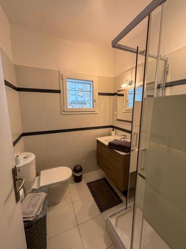 une salle de bain avec toilettes, lavabo et douche dans l'établissement Appartement Biot Village, à Biot