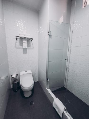a white bathroom with a shower and a toilet at QASA Arequipa by NOMAD in Arequipa