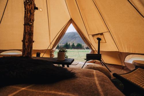 a large tent with a view of a mountain at Luxury Boutique Camping in Selfoss