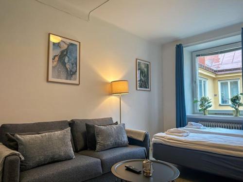sala de estar con sofá y cama en Spacious Studio Apartment, en Estocolmo