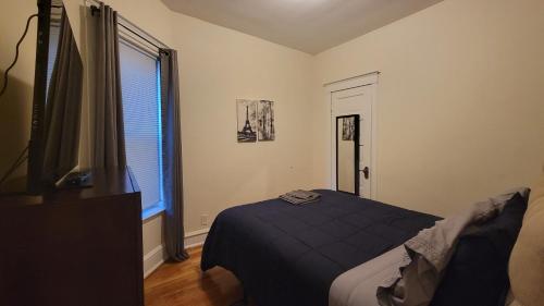 a bedroom with a bed and a flat screen tv at Chateau de Woodlawn - Room I - La Tour Eiffel in Chicago