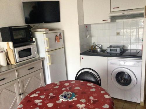 eine Küche mit einer Mikrowelle und einer Waschmaschine in der Unterkunft Les Naïades in Balaruc-les-Bains