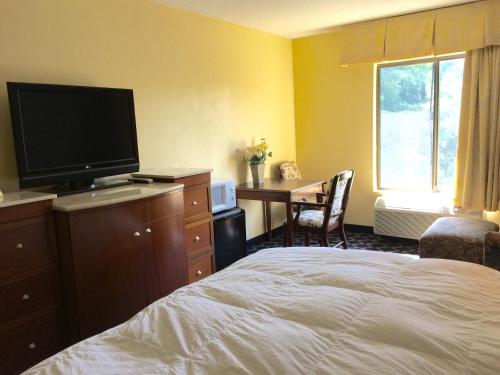 a bedroom with a bed and a desk and a television at Aderi Hotel Near Casino in Niantic