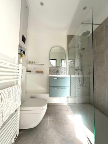 une salle de bain avec toilettes et douche en verre dans l'établissement Chez Alexia et Vincent, à Lille