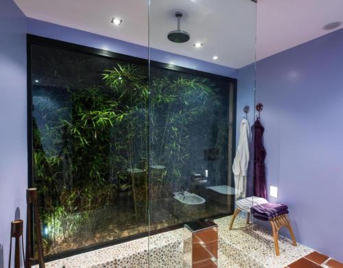 ein Badezimmer mit einem großen Aquarium in der Wand in der Unterkunft Casa Rural La Cepedana in Cogorderos