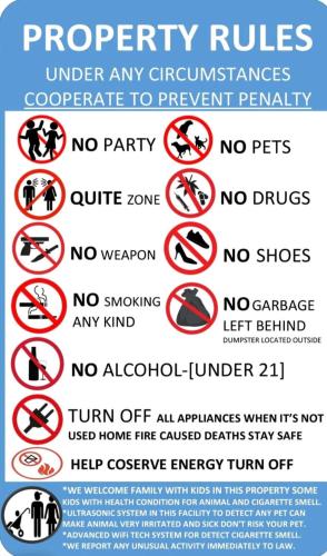 a bunch of prohibitory signs in a flyer at Chateau de Woodlawn - Peaceful 3 bedroom apartment. in Chicago