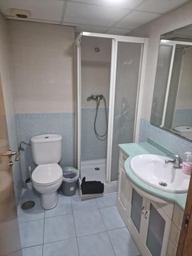 a bathroom with a toilet and a shower and a sink at Casa Linda in Alicante