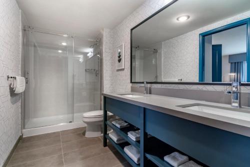 a bathroom with a sink and a toilet and a mirror at Clarion Hotel & Conference Centre in Abbotsford