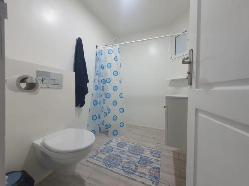 a bathroom with a toilet and a blue shower curtain at Stunning Penthouse with Sea and Castle View (2BDR) in Sousse