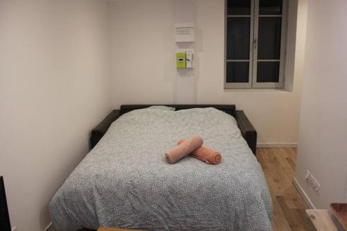 een bed met twee bruine opgerolde handdoeken erop bij Studio cosy et chaleureux in Royat