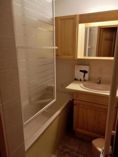 une salle de bain avec une douche en verre et un lavabo dans l'établissement Studio cabine 4 personnes, votre refuge montagnard, à Saint-Gervais-les-Bains
