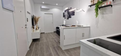 eine Küche mit weißen Schränken und einer Arbeitsplatte in der Unterkunft Barcelona, apartamento de 1 habitación in Hospitalet de Llobregat
