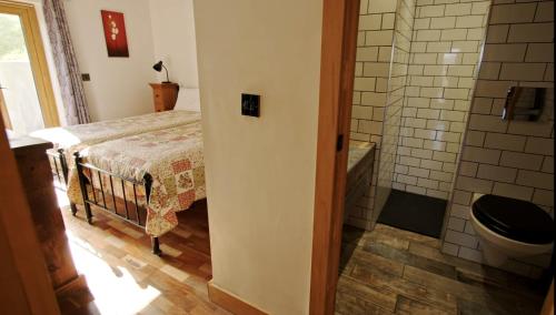 庫姆馬丁的住宿－Guyscliffe Farm Apartment，一间卧室配有一张床,浴室设有卫生间