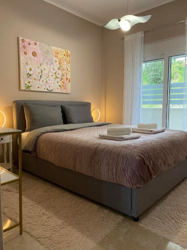 a bedroom with a large bed and a window at Thalia's House in Pastida