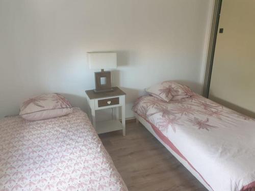 a bedroom with two beds and a night stand with a lamp at Duplex de standing in Anzin