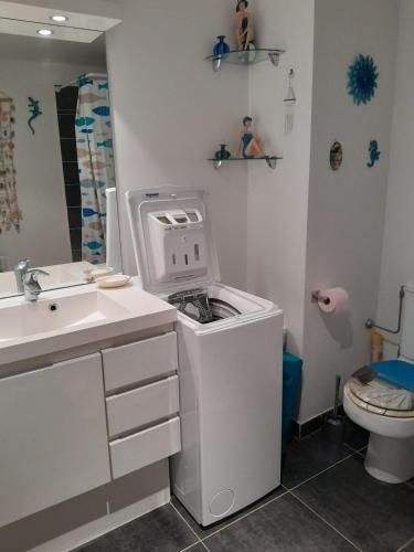 une machine à laver dans une salle de bain avec un lavabo dans l'établissement Charmant appartement - Golfe de Saint Tropez - Cogolin, à Cogolin