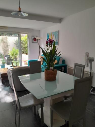 - une salle à manger avec une table, des chaises et une plante dans l'établissement Charmant appartement - Golfe de Saint Tropez - Cogolin, à Cogolin