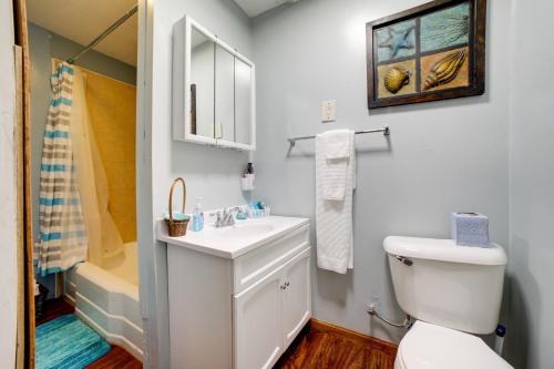 a bathroom with a toilet and a sink and a shower at Riverside Niles Retreat with Fire Pit and Grill! in Niles
