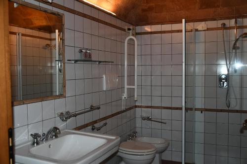 y baño con lavabo, aseo y ducha. en Podere Le Monache, en Montaione