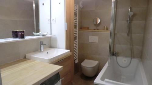 une salle de bain avec un lavabo, une douche et des toilettes dans l'établissement Très beau duplex avec climatisation et piscine, à Grabels