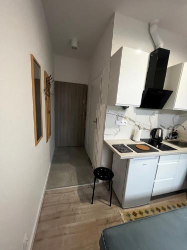 a small kitchen with white cabinets and a stove at Apartamenty DBRW Jeżyce Poznań in Poznań