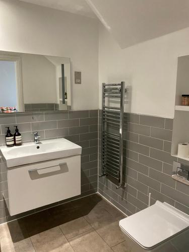 een badkamer met een wastafel en een toilet bij Stylish Garden Flat in Londen