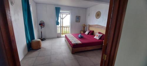 Schlafzimmer mit einem Bett mit roter Bettwäsche und einem Fenster in der Unterkunft chez laineda le bijou mourouk rodrigues in Mt Bois Noir