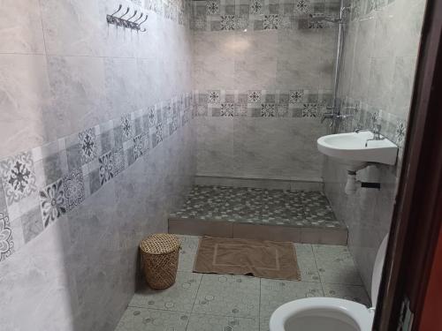 ein Bad mit einer Dusche, einem WC und einem Waschbecken in der Unterkunft chez laineda le bijou mourouk rodrigues in Mt Bois Noir