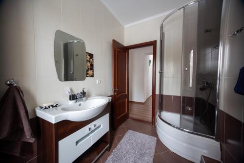 un bagno con lavandino e doccia di Alatau Гостевой Дом a Shchuchinsk