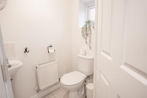 ein weißes Bad mit einem WC und einem Waschbecken in der Unterkunft Pet-friendly 2 bed home near Chester train station. For 6 people. in Chester