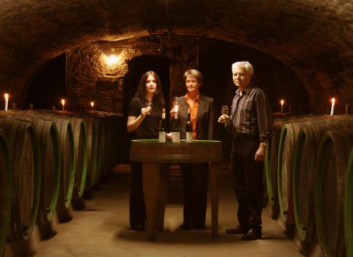 three people standing around a table in a wine cellar at Hotel Sankt Maximilian in Bernkastel-Kues