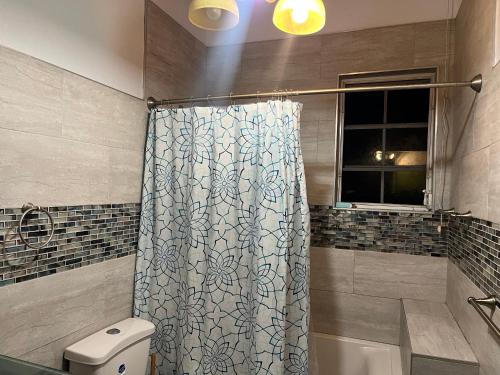 a bathroom with a shower curtain and a toilet at Krizia Place in Nassau