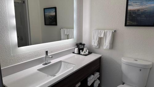 Baño blanco con lavabo y espejo en La Quinta by Wyndham Milwaukee SW New Berlin, en New Berlin