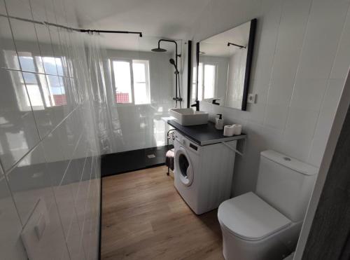 een badkamer met een toilet, een wastafel en een spiegel bij A casa de Mateu in Pontevedra
