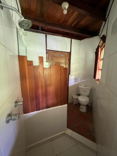 a bathroom with a toilet and a shower stall at La Posada De Sauce in Sauce