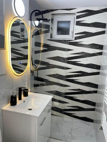 uma casa de banho com um lavatório e um espelho em Apartament D&T em Vatra Dornei