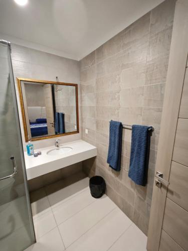 a bathroom with a sink and a mirror and blue towels at Comfy Resedency in Lahore