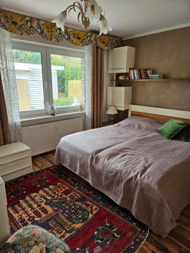 a bedroom with a bed and a window and a rug at Großes Haus mit Kamin und Garten in Baunatal