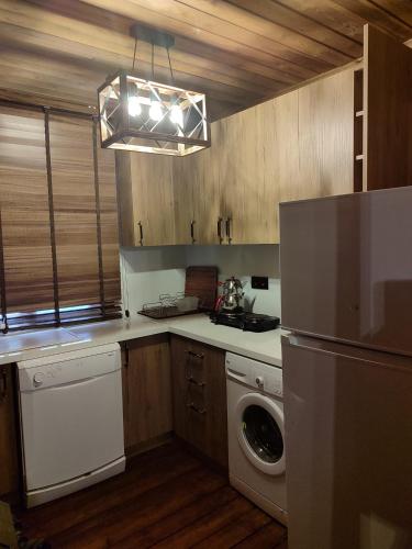 a kitchen with a refrigerator and a washer and dryer at Karinna Orman Evleri & Non Alcohol in Uludag