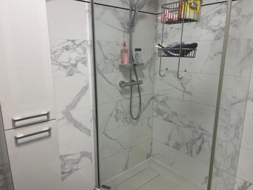 une salle de bain avec une douche avec une porte vitrée dans l'établissement La roseraie, à Thiais