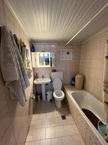 uma casa de banho com um WC, um lavatório e uma banheira em Lina's Residence em Stavros