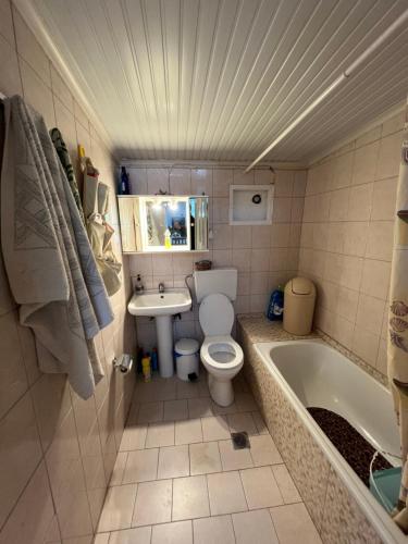 a bathroom with a toilet and a sink and a tub at Lina's Residence in Stavros