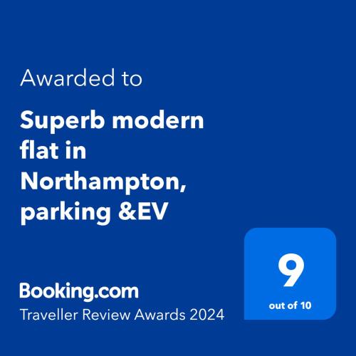 a screenshot of a cell phone with the text upgraded to superdb modern flat in at Superb modern flat in Northampton, parking &EV in Northampton